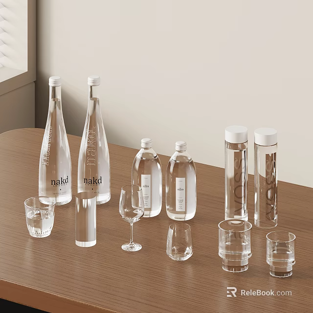 Transparent Glass Cups with Water Bottles and Wine Glass on Wooden Table 3d model 