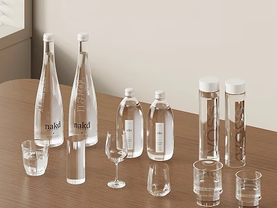 Transparent Glass Cups with Water Bottles and Wine Glass on Wooden Table 3d model