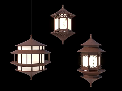Traditional Chinese Wooden Lantern Shaped Chandeliers With Carved Details And Illuminated Panels 3d model
