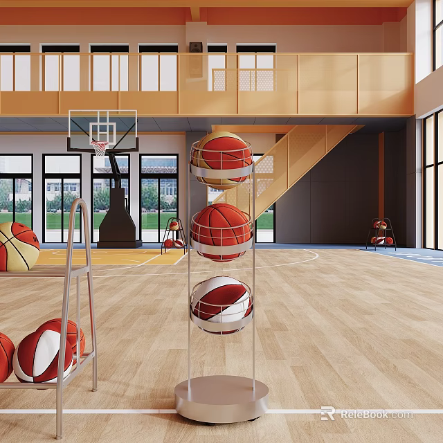 Bright Basketball Court Interior With Wooden Floor Hoop And Stacked Basketballs On Stand 3d model 