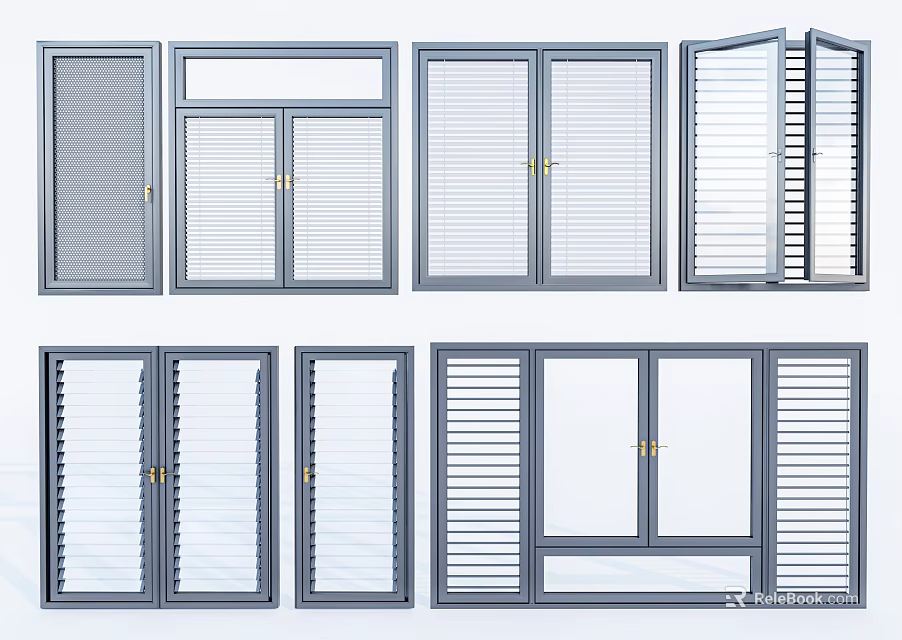 Modern Floor-to-Ceiling Windows With Sliding And Casement Blinds And Aluminum Frames 3d model 