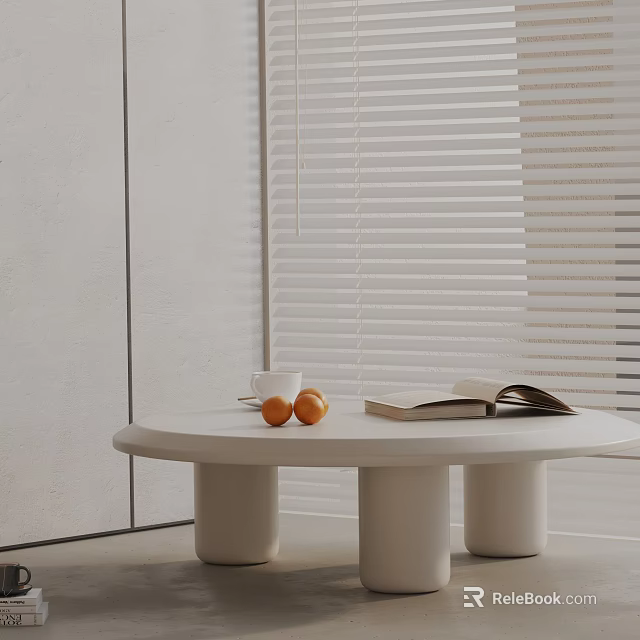 Modern Sofa And Coffee Table Set Featuring Round White Blinds Open Book Oranges And Cup 3d model