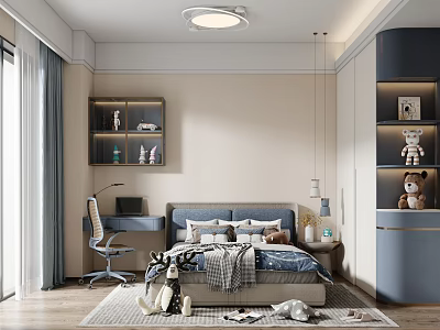 Light Luxury Kids Room Interior Design With Bed Desk Chair Bookshelf Rug And Stuffed Toys 3d model