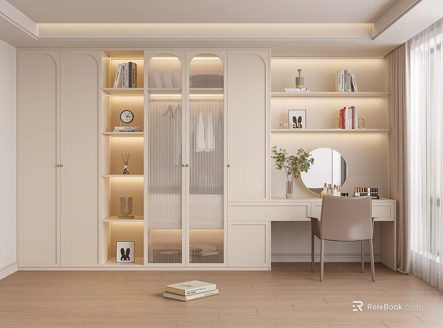 Modern Wardrobe Interior Design With Glass Doors Writing Desk Mirror And Decorative Shelves 3d model 