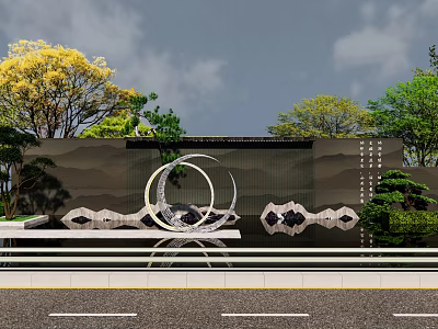 Modern Landscape Feature Wall With Circular Metal Ornaments And Green Trees Around 3d model