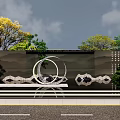 Modern Landscape Feature Wall With Circular Metal Ornaments And Green Trees Around