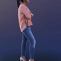 Woman In Pink Top And Distressed Blue Jeans Standing With Arms Crossed