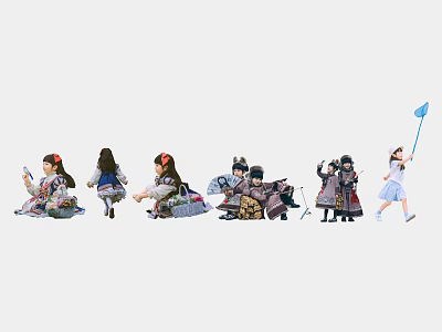 Group of People in Various Costumes Doing Different Activities Together 3d model