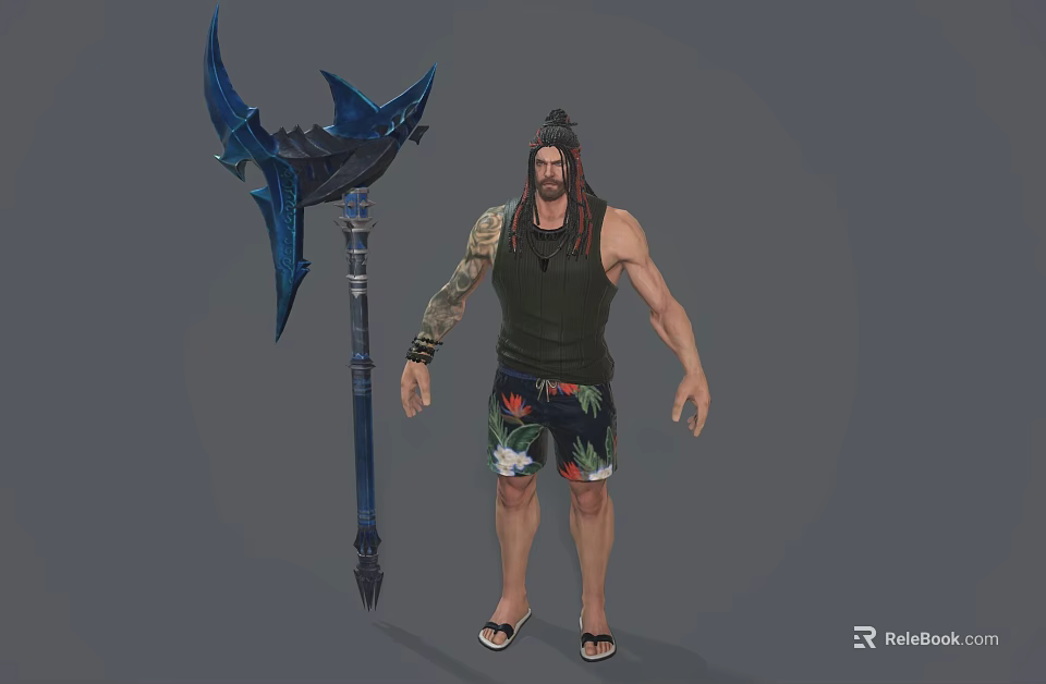 Muscular Man With Long Braids Tattoos Green Tank Top Floral Shorts And Large Blue Weapon 3d model 