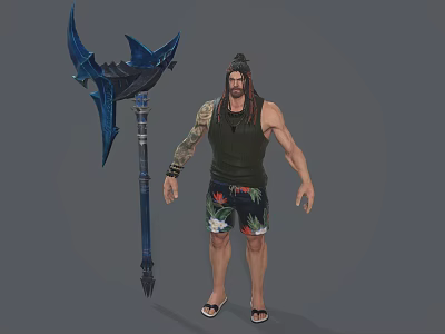 Muscular Man With Long Braids Tattoos Green Tank Top Floral Shorts And Large Blue Weapon 3d model