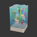 Pink And White Jellyfish Aquatic Animals Floating In Transparent Cube Underwater Scene