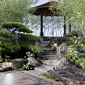 Park Landscape With Thatch Roofed Pavilion Stone Steps Bamboo Pine Trees And Flower Bushes