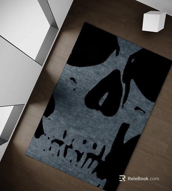 Gray And Black Square Carpet With Skull Pattern On Wooden Floor 3d model 