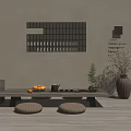 Traditional Wooden Tea Table and Chairs with Poufs Tea Set Fruits and Decorative Window