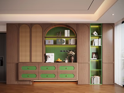 Elegant Wooden Sideboard With Green Drawers And Built In Bookshelves In Modern Interior 3d model