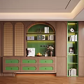 Elegant Wooden Sideboard With Green Drawers And Built In Bookshelves In Modern Interior