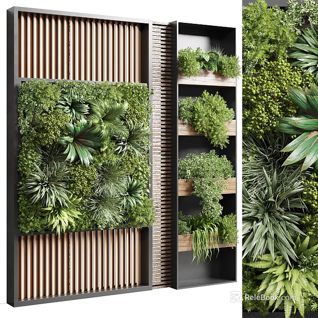 Lush Greenery Wall With Various Plants And Wooden Elements 3d model 