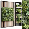 Lush Greenery Wall With Various Plants And Wooden Elements
