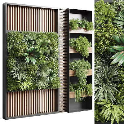 Lush Greenery Wall With Various Plants And Wooden Elements 3d model