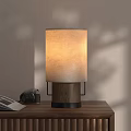 Modern Table Lamp with Wooden Base Light Shade and Warm Light on Desk with Camera