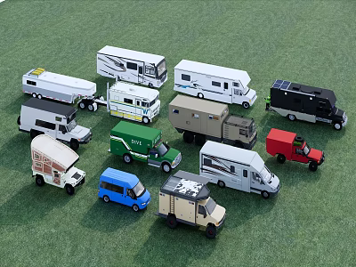 Various Types of RVs and Small Vehicles in Different Colors Parked on Green Grass 3d model
