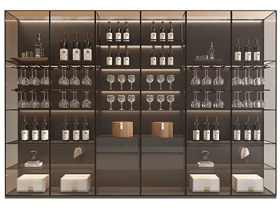 Modern Wine Cabinet with Glass Doors and Shelves Holding Bottles Wine Glasses and Storage Boxes 3d model