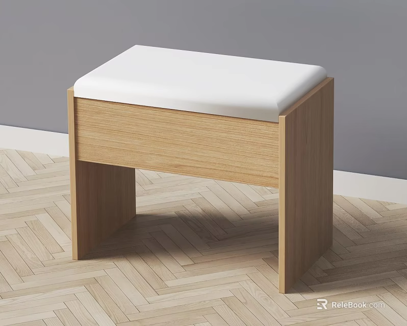 Wooden Sofa Bench With White Padded Seat On Herringbone Pattern Wooden Floor 3d model 