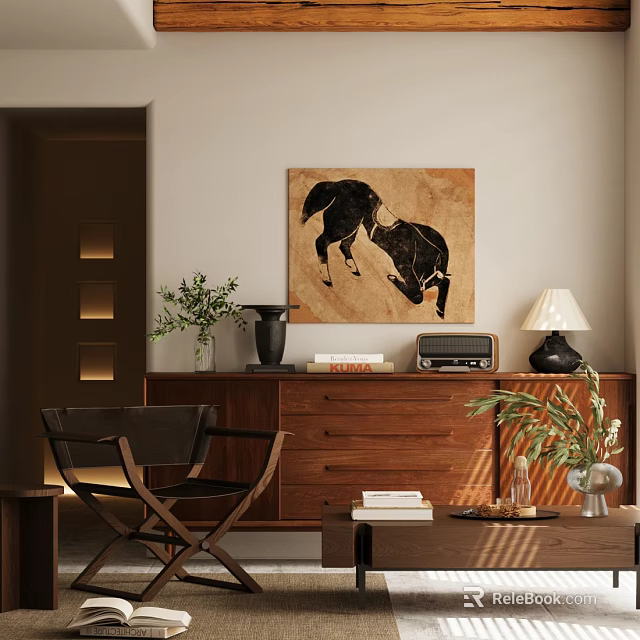 Wooden Dresser in Living Room with Vase Green Plants Radio Lamp and Horse Painting 3d model 