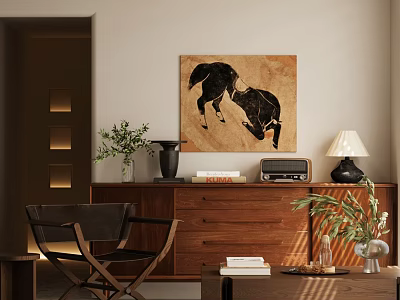 Wooden Dresser in Living Room with Vase Green Plants Radio Lamp and Horse Painting 3d model