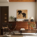 Wooden Dresser in Living Room with Vase Green Plants Radio Lamp and Horse Painting