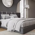 Modern Double Bed With Black Headboard Background Circular White Relief Floor Lamps And Louvered Windows