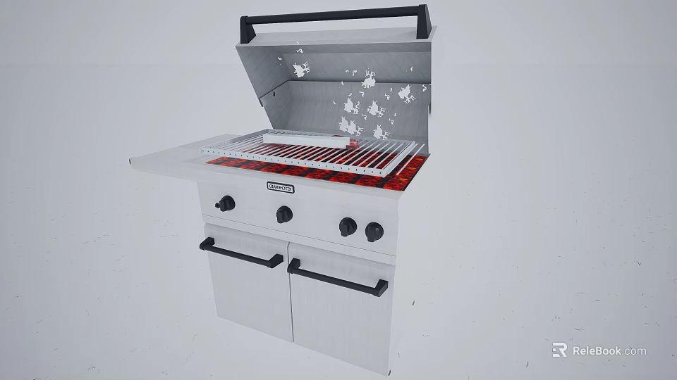 Stainless Steel Kitchen Grill Appliance With Control Knobs And Storage Cabinets 3d model