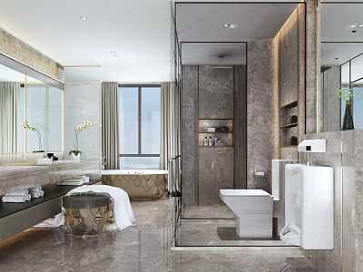 Modern Luxury Bathroom Interior With Marble Walls Freestanding Bathtub Large Mirror And Vanity 3d model