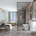 Modern Luxury Bathroom Interior With Marble Walls Freestanding Bathtub Large Mirror And Vanity