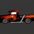 Red And Black Vintage Pickup Truck With Flame Graphics On Shiny Surface
