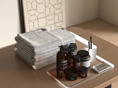 Minimalist Bathroom Set Design With Stacked Towels And Toiletry Bottles On Tray 3d model