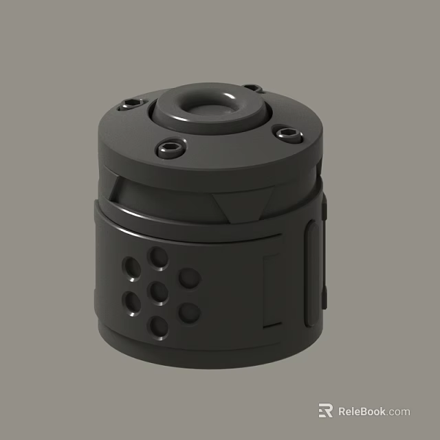 Black Cylindrical Mechanical Component With Holes And Mounting Screws 3d model