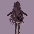Anime Girl Character With Purple Long Hair Red Bow Black School Uniform And Long Socks