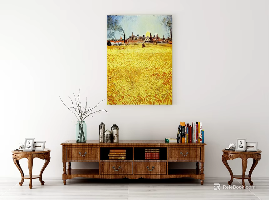Wooden TV Stand With Decorative Vase Books And Side Tables Under Yellow Field Wall Painting 3d model 