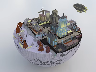 Cartoon City Scene On Sphere With Buildings Crane Airship And Snowy Mountains 3d model