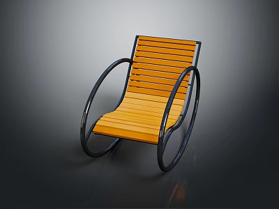 Modern Rocking Chair With Wooden Slats Seat And Black Metal Curved Frame 3d model
