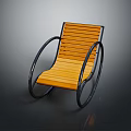 Modern Rocking Chair With Wooden Slats Seat And Black Metal Curved Frame