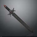 Ornate Fantasy Sword With Brown Hilt Red Gemstones And Carved Blade