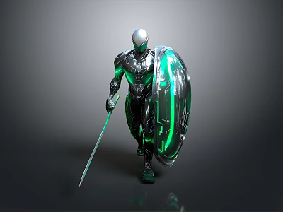 Futuristic Warrior Character In Silver Black Armor With Green Glowing Sword And Shield 3d model