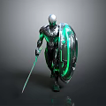 Futuristic Warrior Character In Silver Black Armor With Green Glowing Sword And Shield