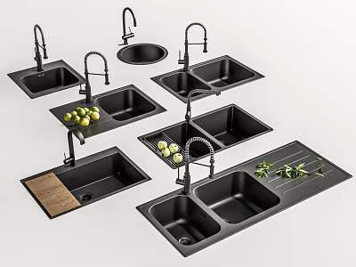 Black Kitchen Sinks With Faucets Fruits Wooden Boards And Herbs 3d model