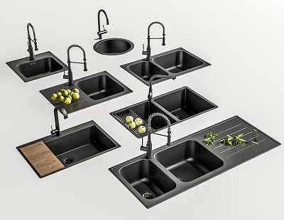 Black Kitchen Sinks With Faucets Fruits Wooden Boards And Herbs 3d model