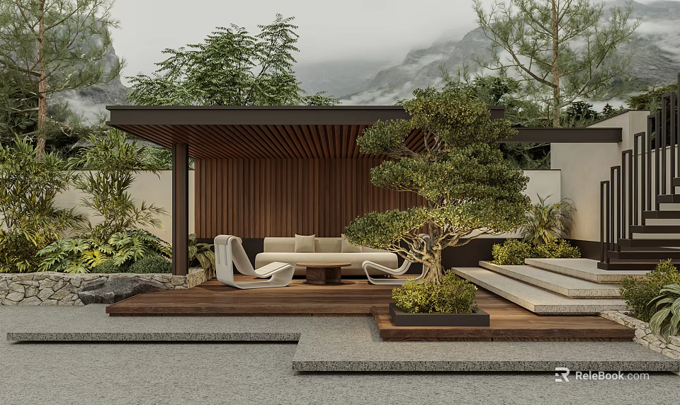 Serene Garden With Wooden Pergola Sofa Chairs Bonsai Tree Stone Steps And Green Plants 3d model 