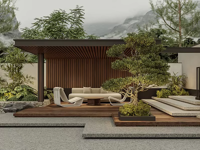 Serene Garden With Wooden Pergola Sofa Chairs Bonsai Tree Stone Steps And Green Plants 3d model