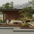Serene Garden With Wooden Pergola Sofa Chairs Bonsai Tree Stone Steps And Green Plants
